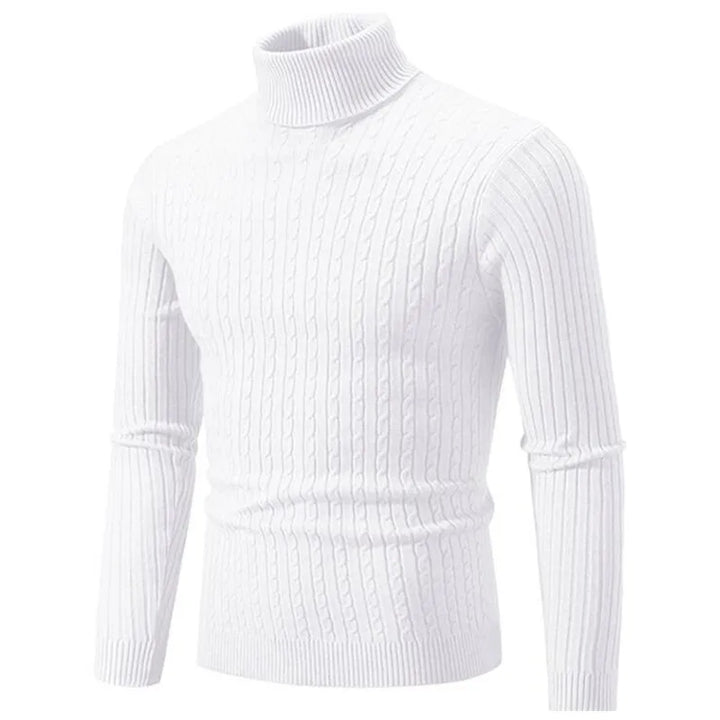 Versatile men's ribbed turtleneck sweater, soft knit. Tailored fit for both casual & smart winter style.