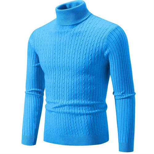 Soft knit men's ribbed turtleneck sweater, breathable for layering. Smart casual fall & winter fashion.