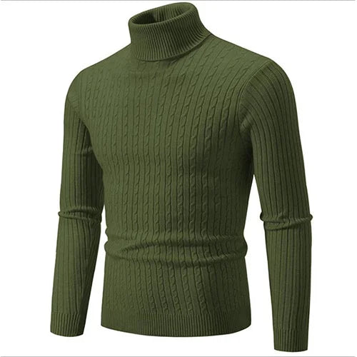 Close-up of ribbed knit on men's turtleneck sweater, showcasing soft texture & tailored fit design.