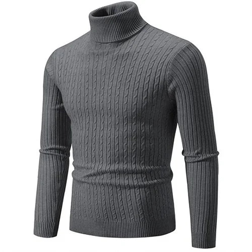 Man wearing tailored fit ribbed turtleneck sweater, showcasing fall fashion & comfortable soft knit.