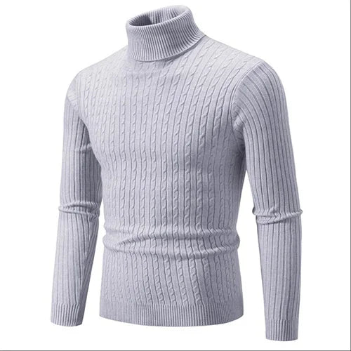 Front view of men's soft knit ribbed turtleneck sweater, tailored fit for elegant fall & winter style.