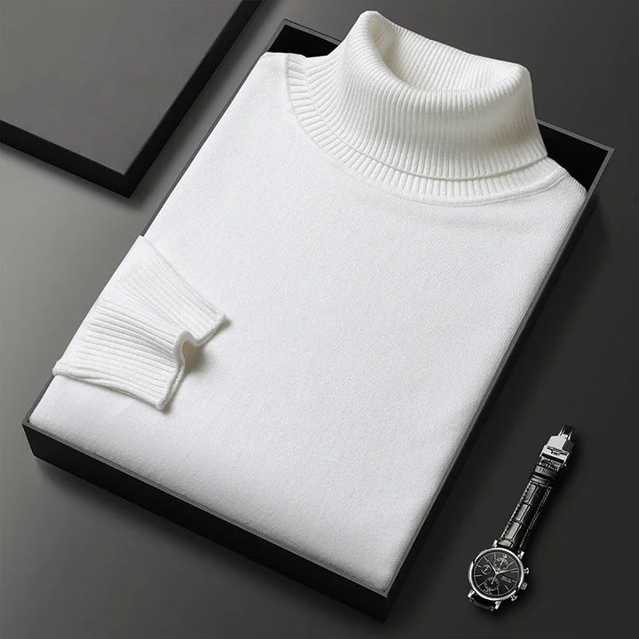 Beige men's sophisticated comfort turtleneck sweater, perfect for versatile classic style.