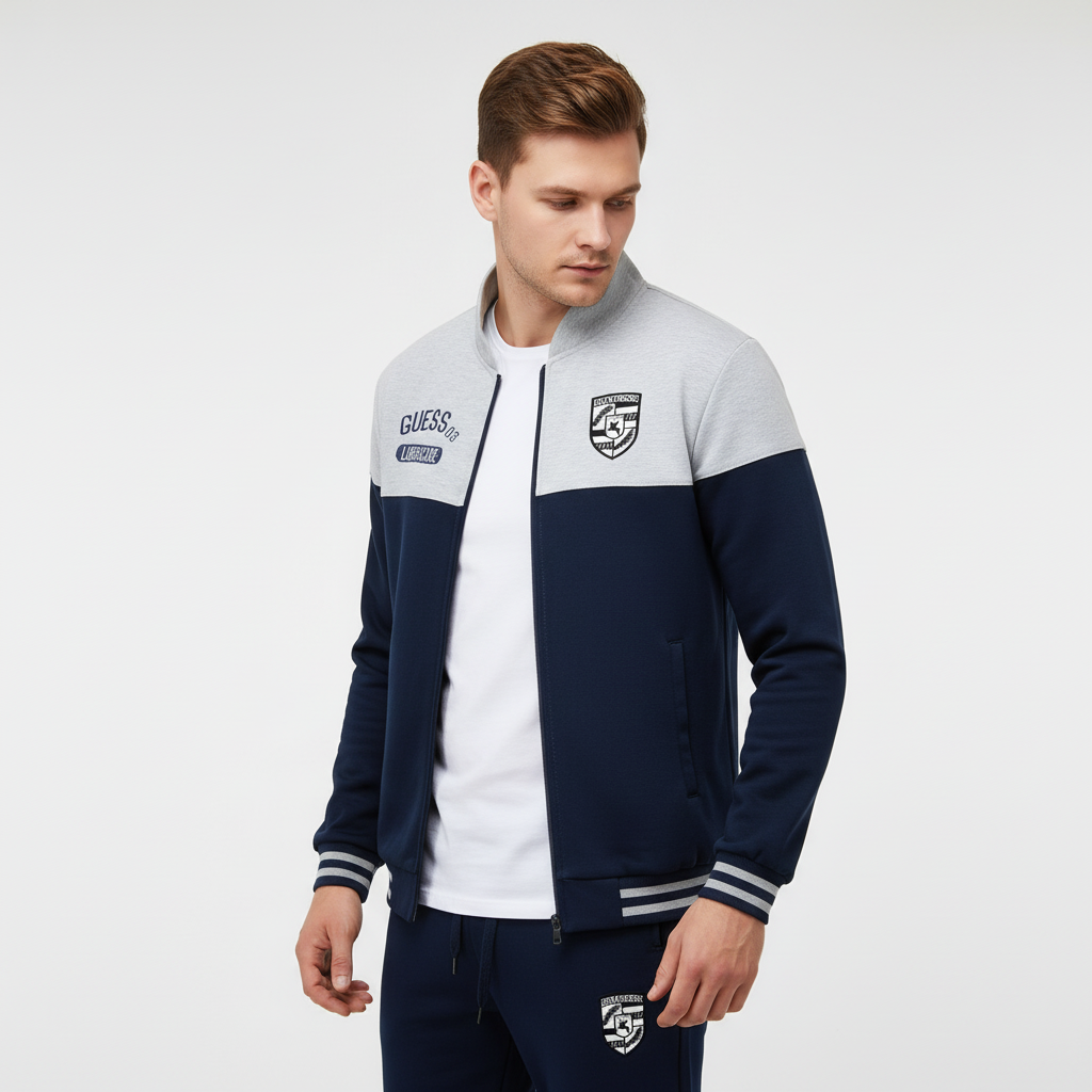 Full zip baseball jacket with elastic cuffs, part of a men's sporty tracksuit set for active wear.