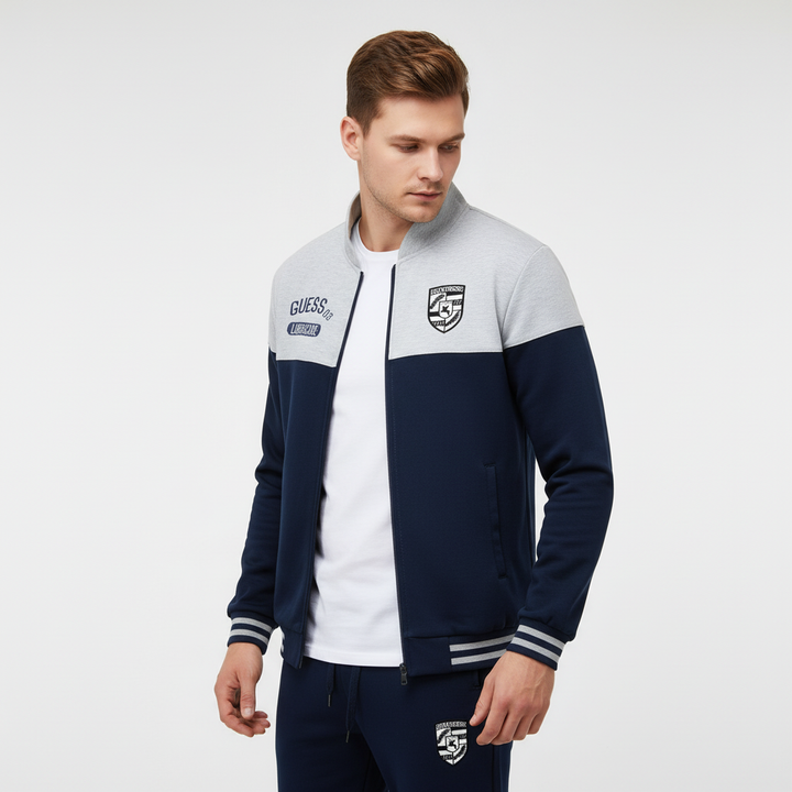 Full zip baseball jacket with elastic cuffs, part of a men's sporty tracksuit set for active wear.
