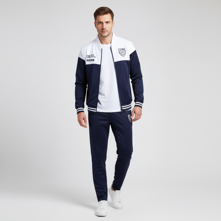Men's jogger set pants with elastic cuffs, part of a comfortable baseball tracksuit for activewear.