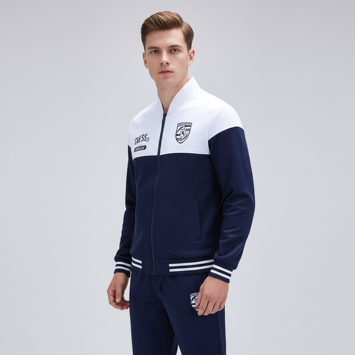 Front view of a men's sporty baseball tracksuit set, athletic apparel for stylish comfort & active wear.