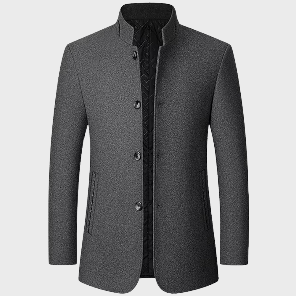 Men's stand collar business trench coat, tailored for smart casual & professional attire.