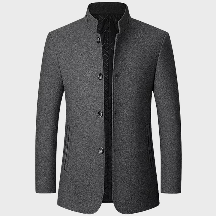 Men's stand collar business trench coat, tailored for smart casual & professional attire.