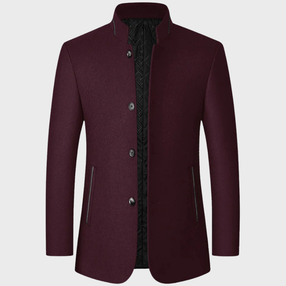 Slim-fit men's stand collar business jacket, a modern tailored trench coat for professional men's fashion.