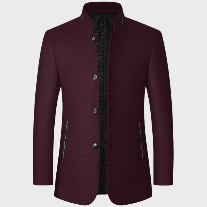 Slim-fit men's stand collar business jacket, a modern tailored trench coat for professional men's fashion.
