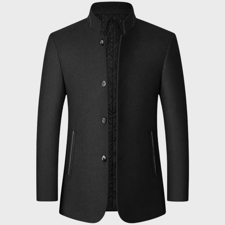 Close-up of men's stand collar business coat, highlighting the elegant tailored neckline and professional style.