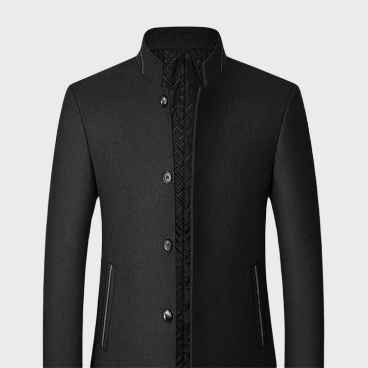 Men's elegant trench coat with a stand collar, perfect for versatile business and smart casual menswear.