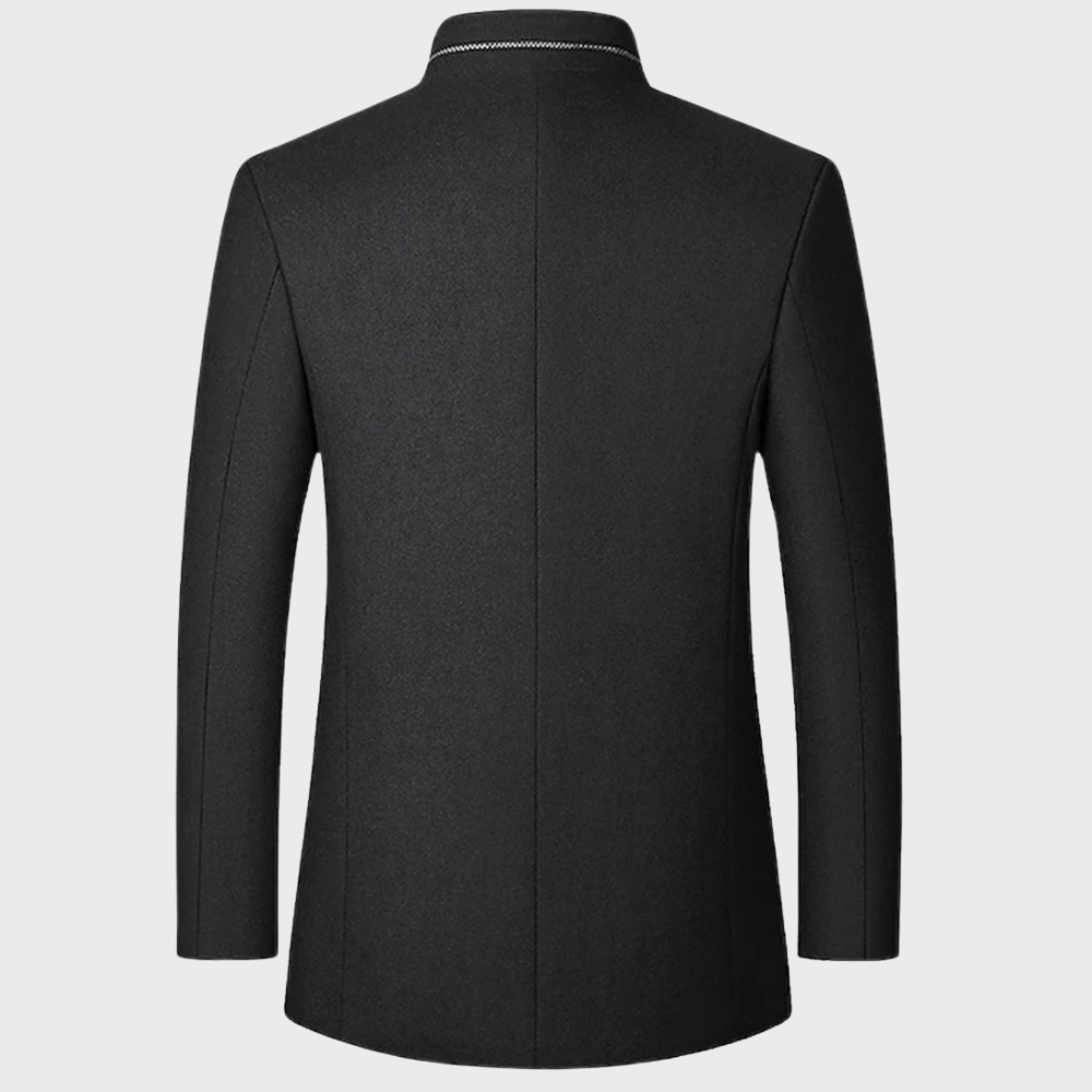 Men's tailored stand collar coat styled for professional business fashion, suitable for various occasions.