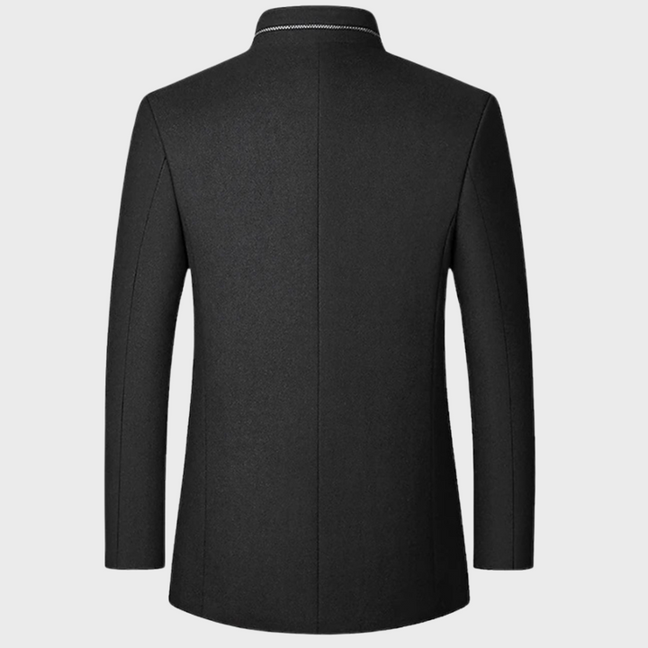 Men's tailored stand collar coat styled for professional business fashion, suitable for various occasions.