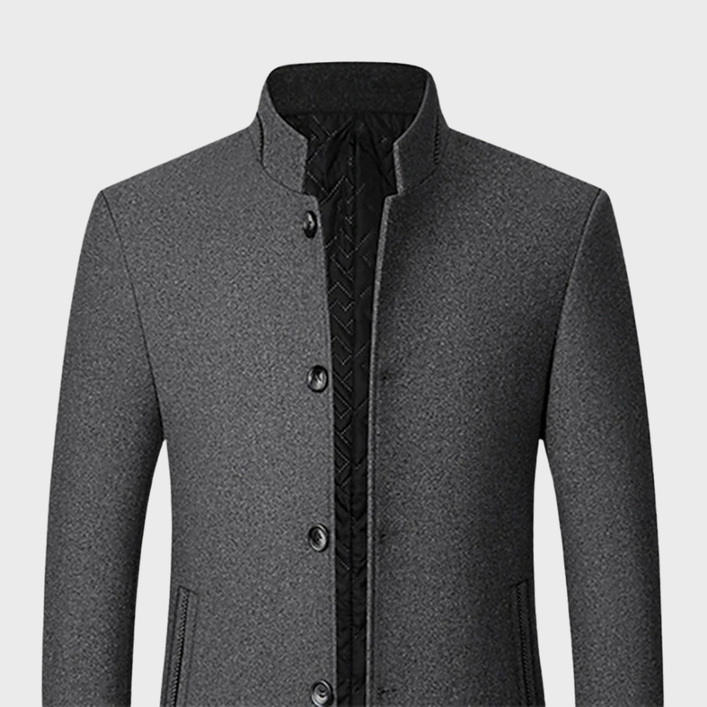 Man walking in a smart casual men's business trench coat, showcasing the stand collar and professional style.