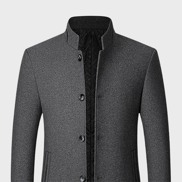 Man walking in a smart casual men's business trench coat, showcasing the stand collar and professional style.