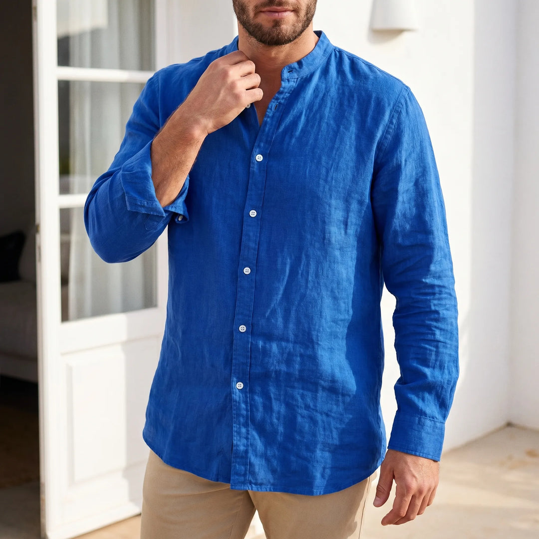 Men's stand collar long sleeve shirt, button front, solid color, versatile for casual & smart-casual outfits.