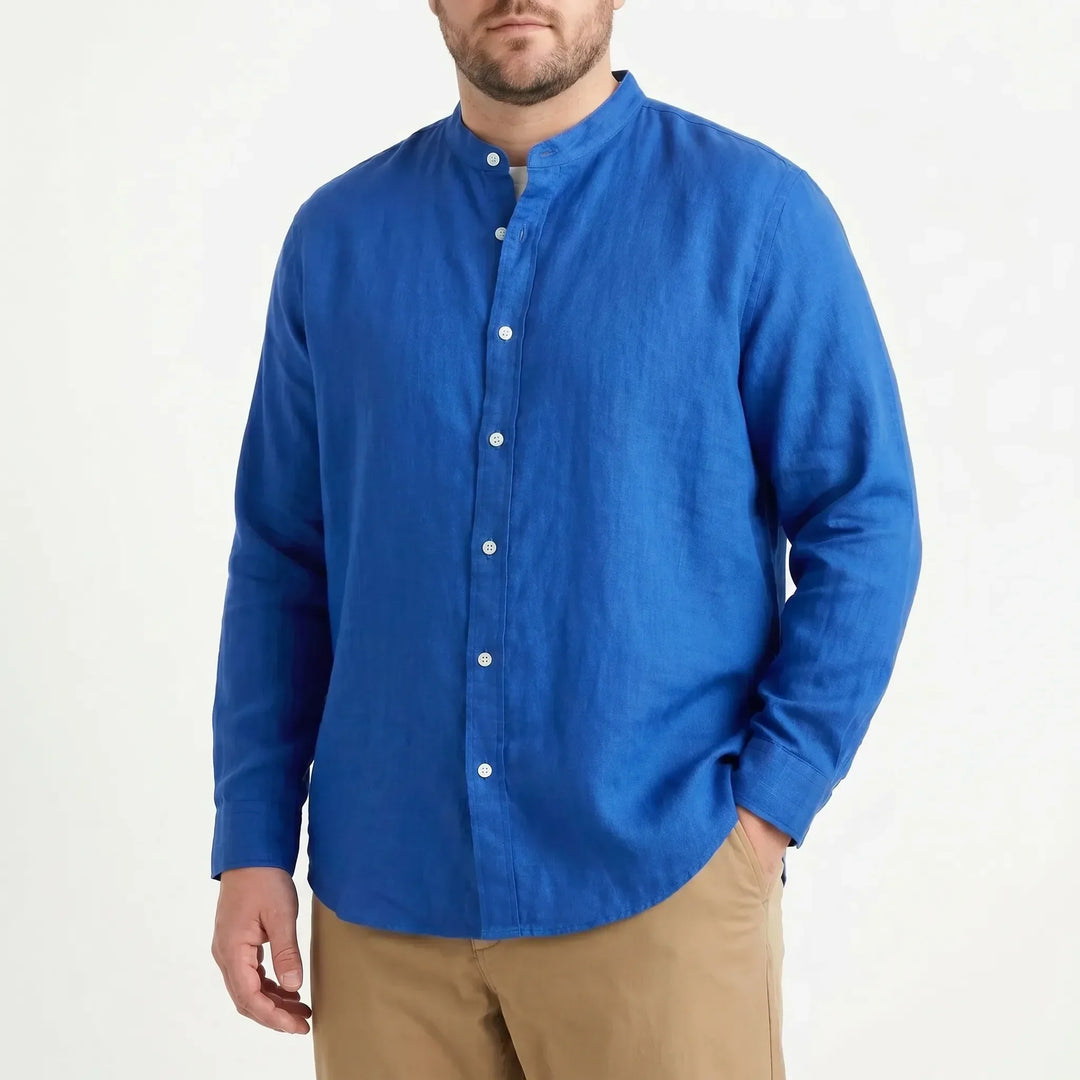 Relaxed fit men's stand collar long sleeve shirt, solid, perfect lightweight option for summer casual wear.