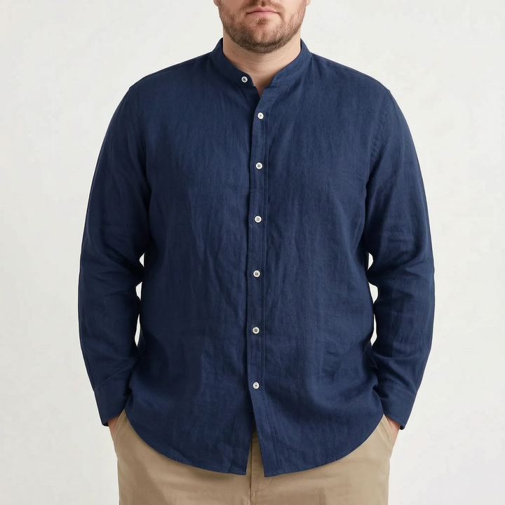 Stylish men's button-front long sleeve shirt with stand collar, solid color, great for modern casual looks.