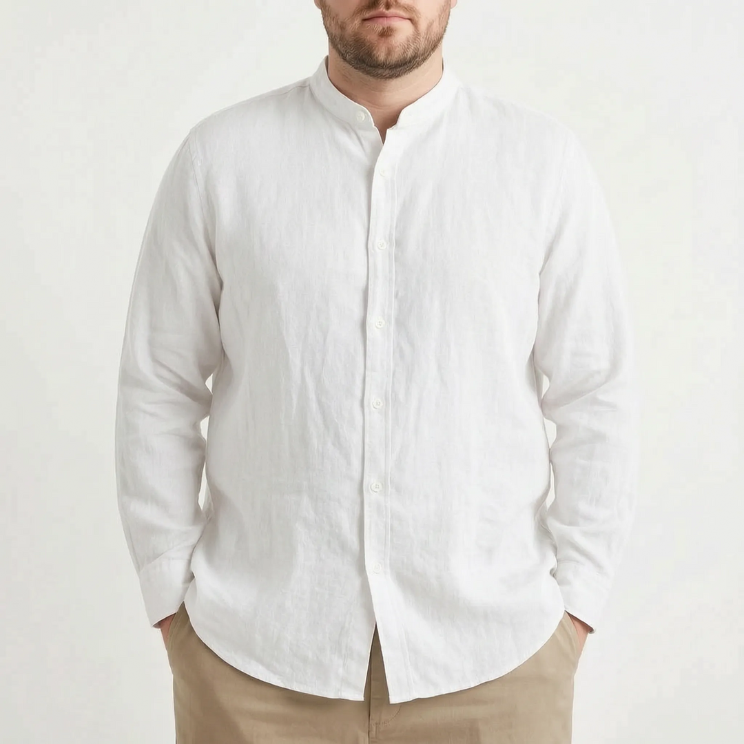 Solid men's long sleeve stand collar shirt, relaxed fit, perfect for smart casual summer events.