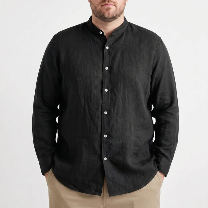 Men's casual long sleeve shirt, stand collar, solid color, comfortable and stylish for versatile styling.