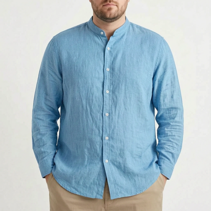 Lightweight men's solid stand collar long sleeve shirt, relaxed fit, ideal for warm weather and casual style.