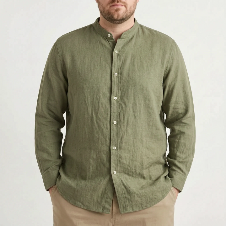 Elegant men's versatile stand collar long sleeve shirt, solid, buttoned, suitable for various occasions.