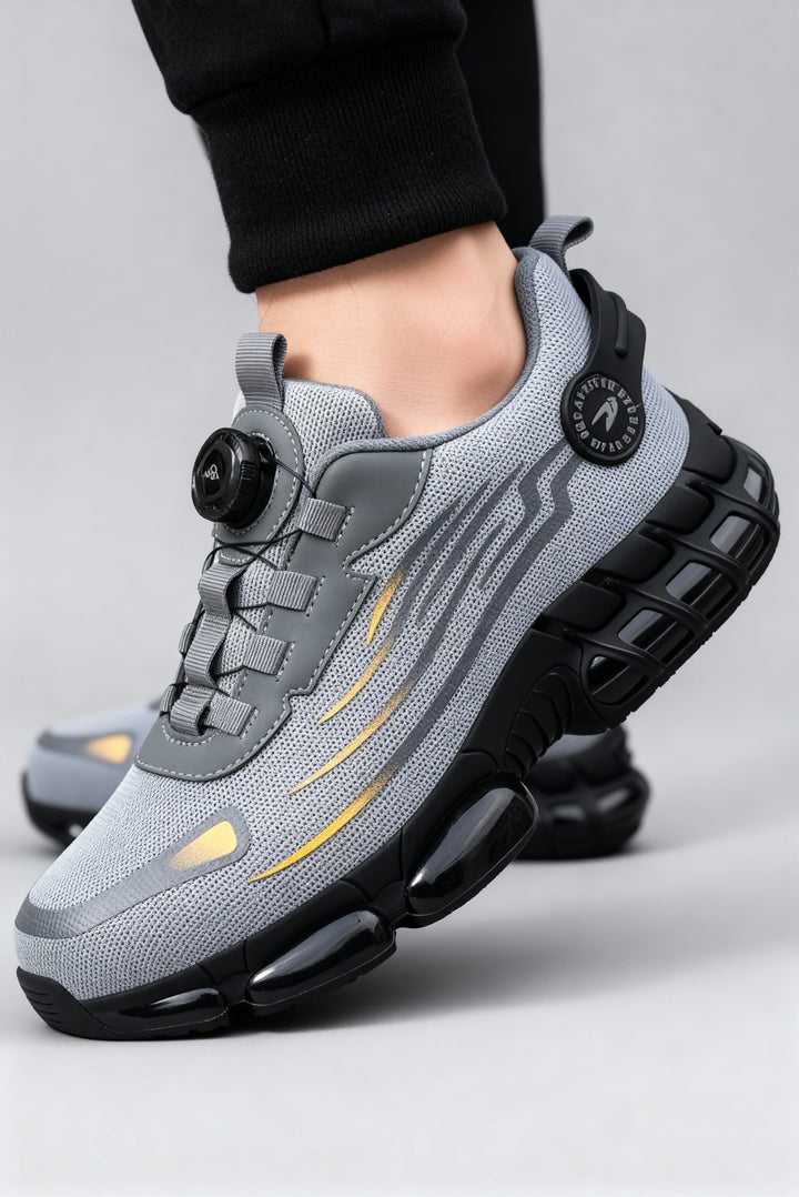 Men's steel toe safety work sneakers, puncture-resistant & non-slip for industrial job sites.