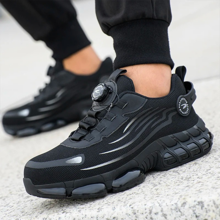Comfortable men's athletic safety shoes with steel toe, durable for long shifts & workwear.