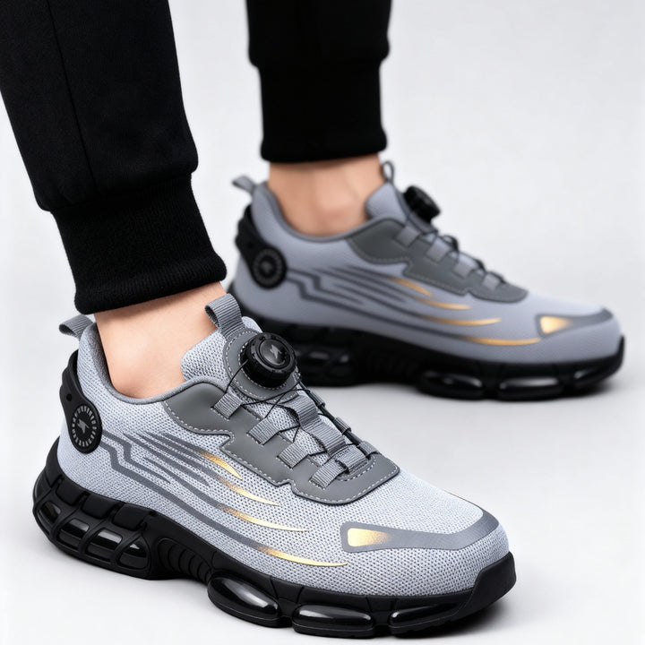 Durable men's protective work sneakers, steel toe, puncture resistant, non-slip sole.