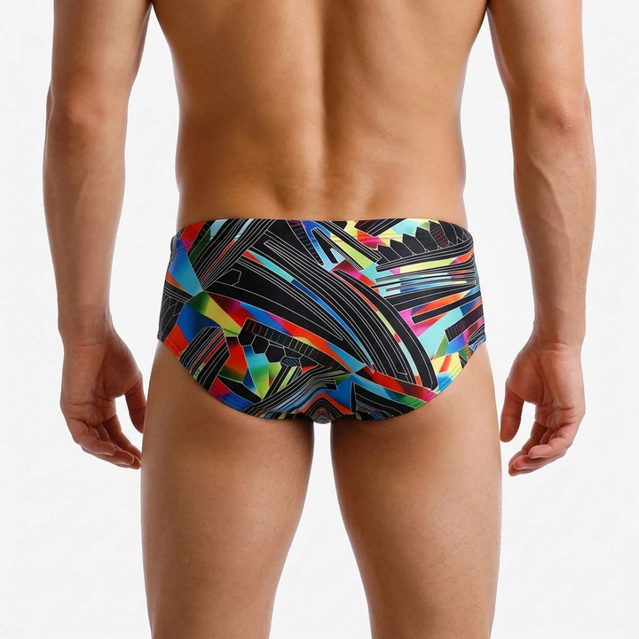 Low rise men's athletic square cut swim trunks for comfort and unrestricted movement in the water.