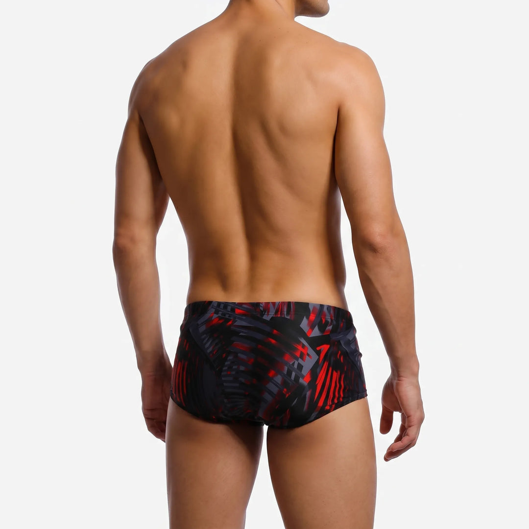 Performance men's activewear swim trunks, square cut for athletic swimming and waterside activities.