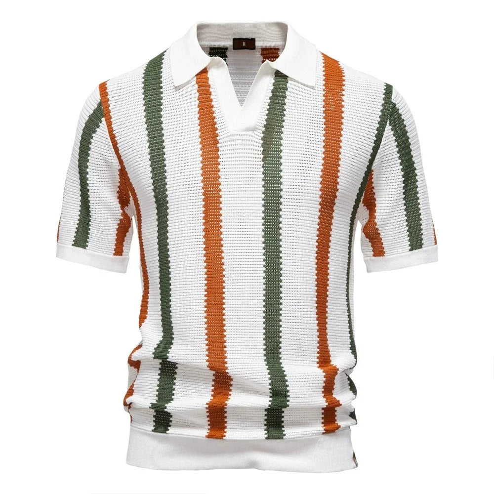 Men's striped polo shirt, relaxed fit knit top. Short sleeve V-neck, ideal for casual summer style.