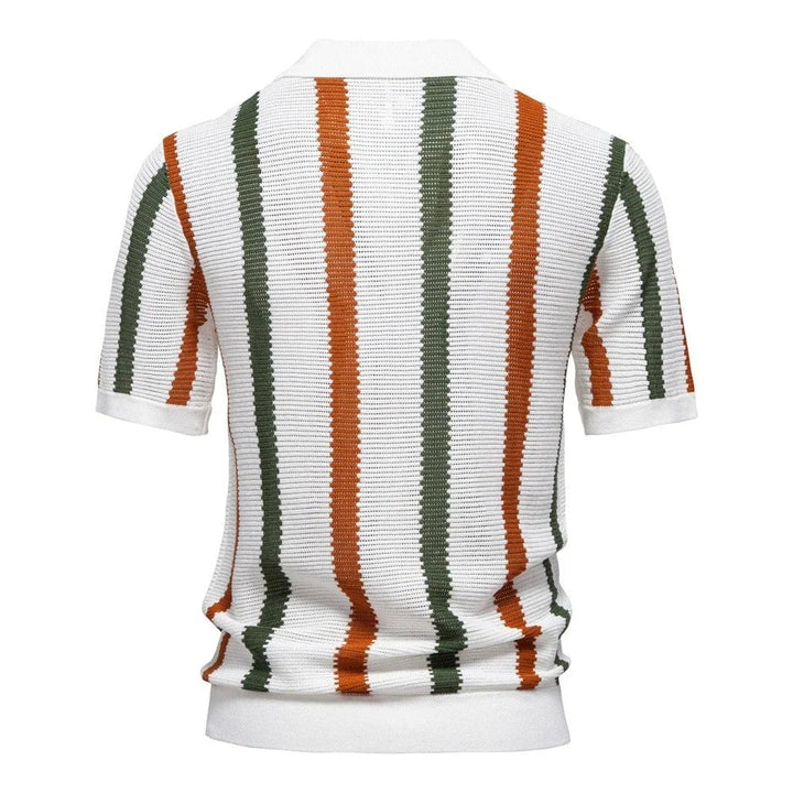Relaxed fit men's striped polo shirt. Knit V-neck top with short sleeves, perfect for spring/summer fashion.