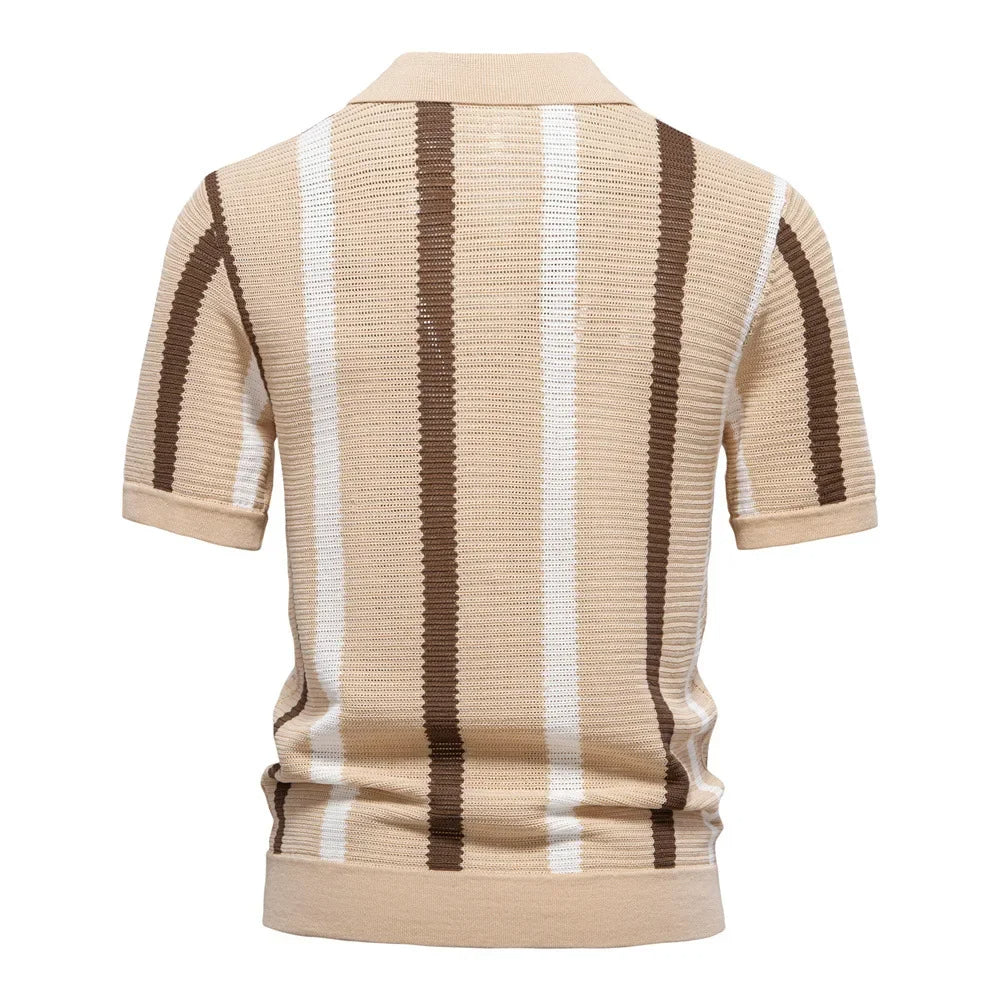 Modern men's knit polo shirt with stripes. Relaxed fit, short sleeve, V-neck, great for everyday casual wear.