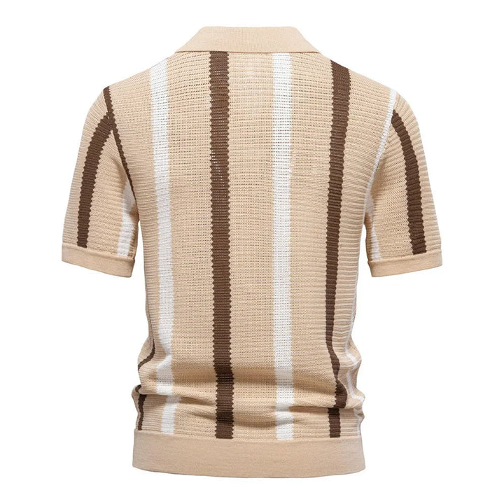 Modern men's knit polo shirt with stripes. Relaxed fit, short sleeve, V-neck, great for everyday casual wear.