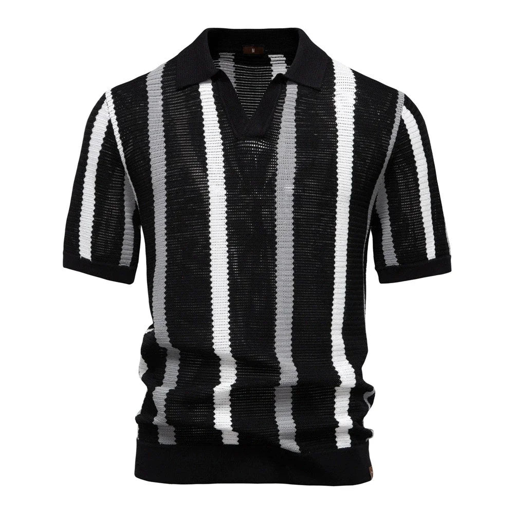 Stylish men's striped V-neck polo. Relaxed fit knit top, short sleeve, perfect for spring & summer fashion.