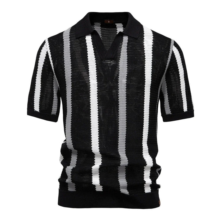 Stylish men's striped V-neck polo. Relaxed fit knit top, short sleeve, perfect for spring & summer fashion.