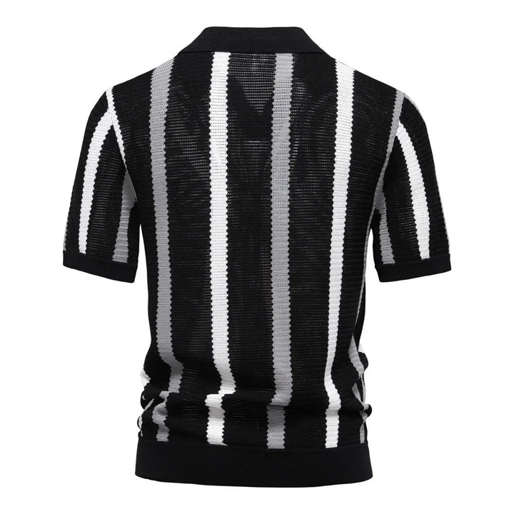 Close-up of men's striped knit polo. Relaxed fit short sleeve V-neck shirt, showcasing fabric texture.