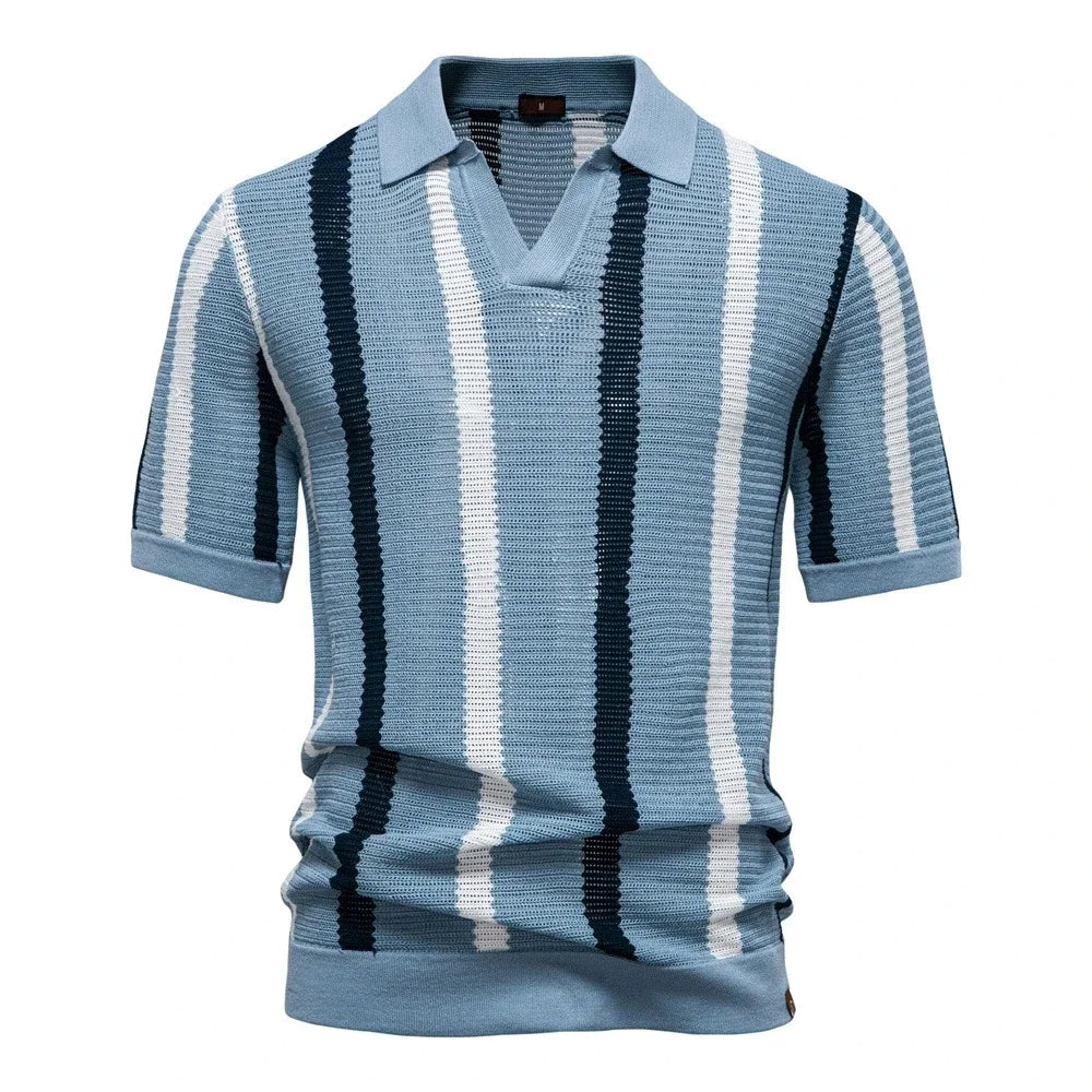 Comfortable men's striped polo shirt. Relaxed fit knit top, short sleeve V-neck, versatile for casual outfits.
