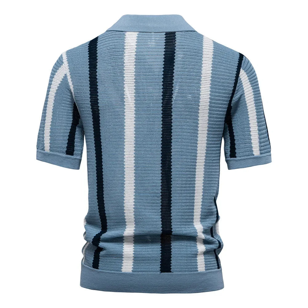 Men's fashion striped polo. Relaxed fit short sleeve knit top, V-neck design, essential for summer casual wear.