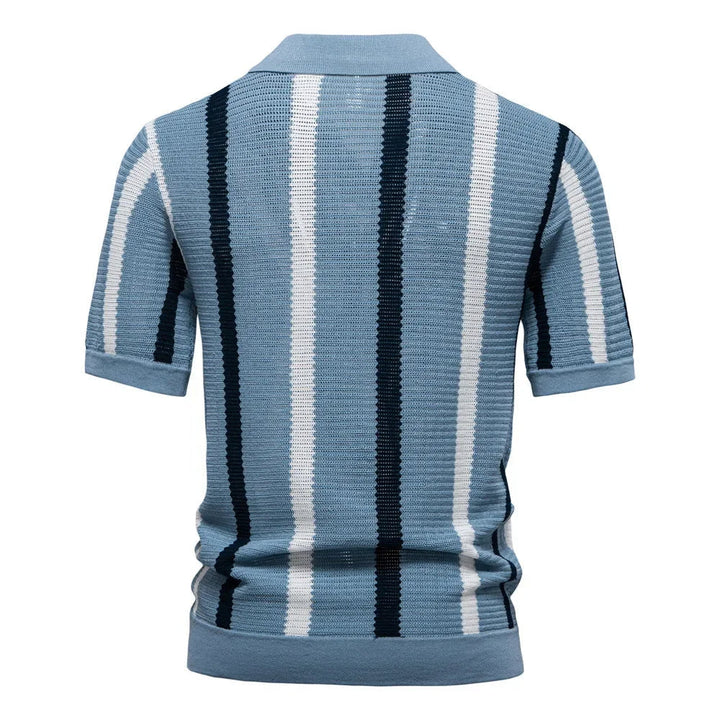 Men's fashion striped polo. Relaxed fit short sleeve knit top, V-neck design, essential for summer casual wear.