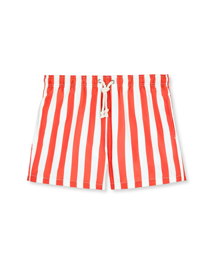 Men's striped swim shorts with an elastic waist, perfect for beachwear and poolside style. Quick-dry fabric.