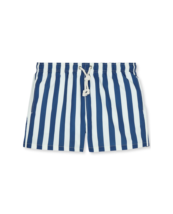 Bold men's striped swim shorts for effortless summer fashion. Ideal resort wear and beach style. Quick dry material.