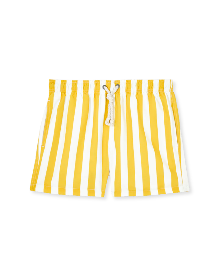 Comfortable men's striped swim shorts featuring an elastic waist & quick-dry fabric. Essential for summer beachwear.