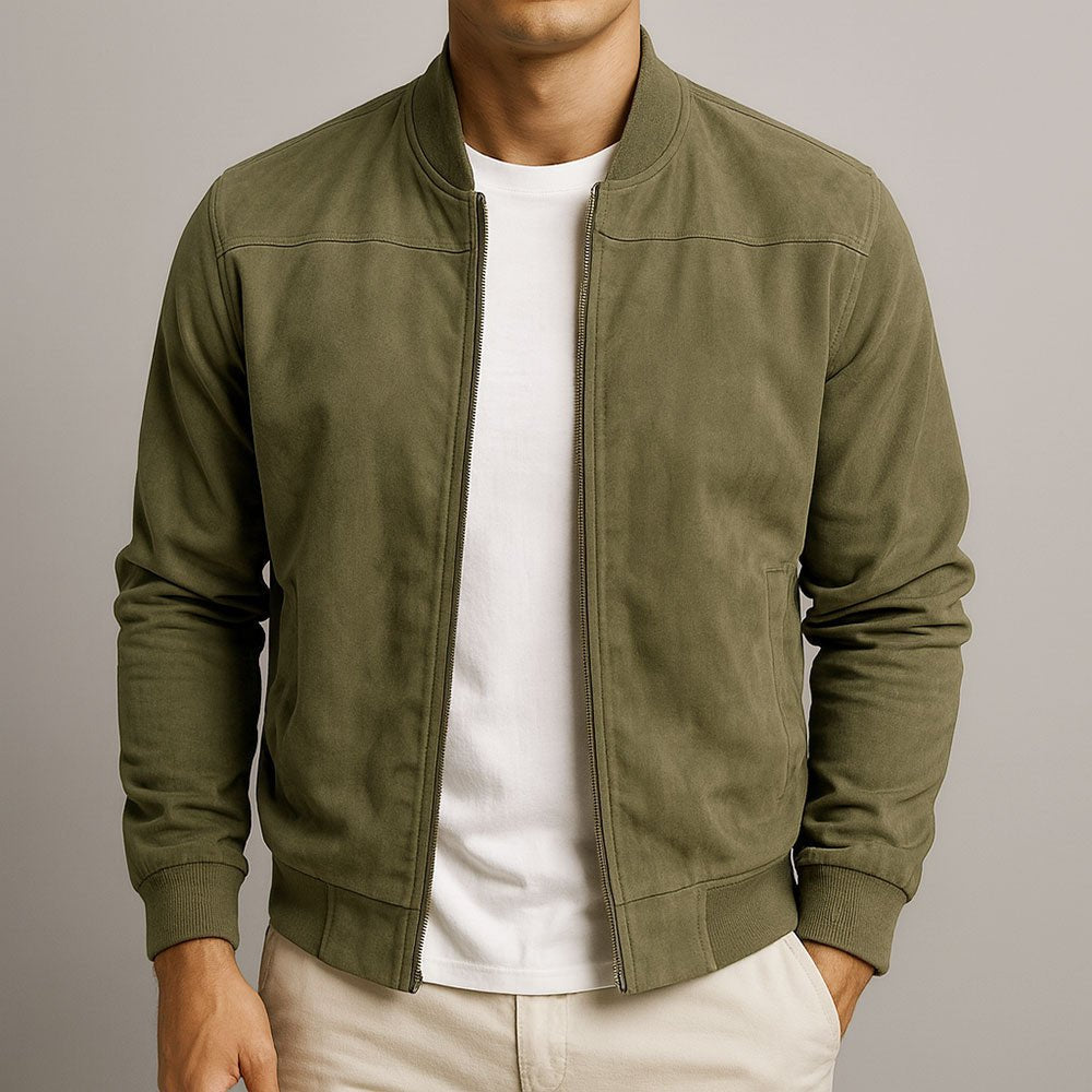 Versatile men's structured bomber jacket, great for layering and achieving a sharp, tailored style.