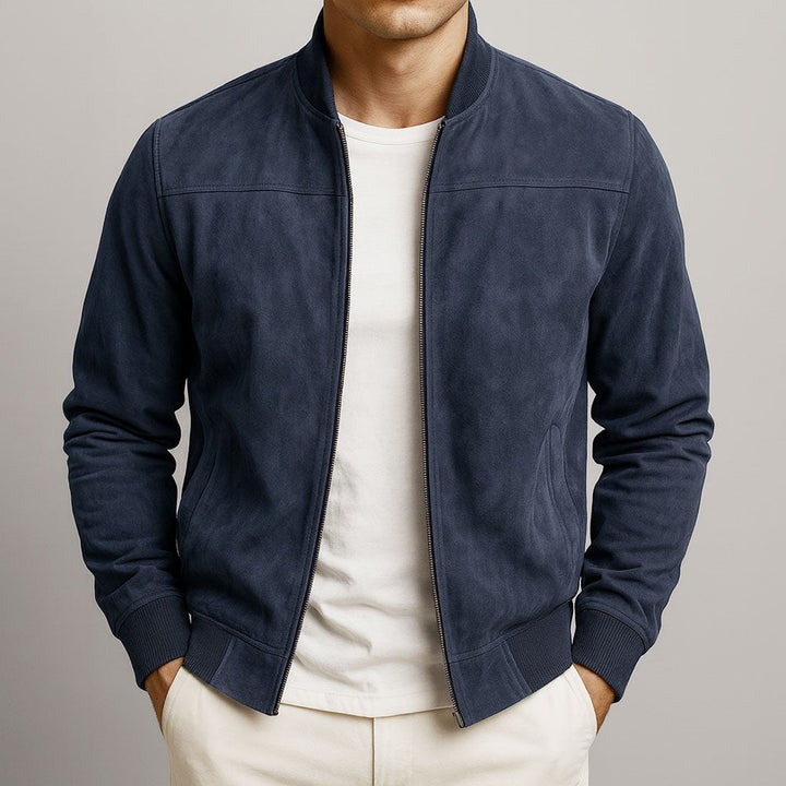 Modern men's tailored bomber jacket, offering a structured and sharp style for smart casual outfits.