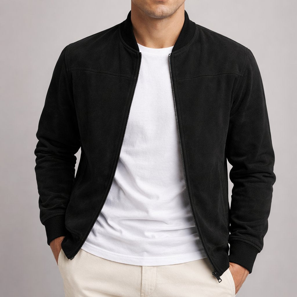 Transitional men's outerwear: a structured bomber jacket with a sharp, tailored fit for versatile styling.