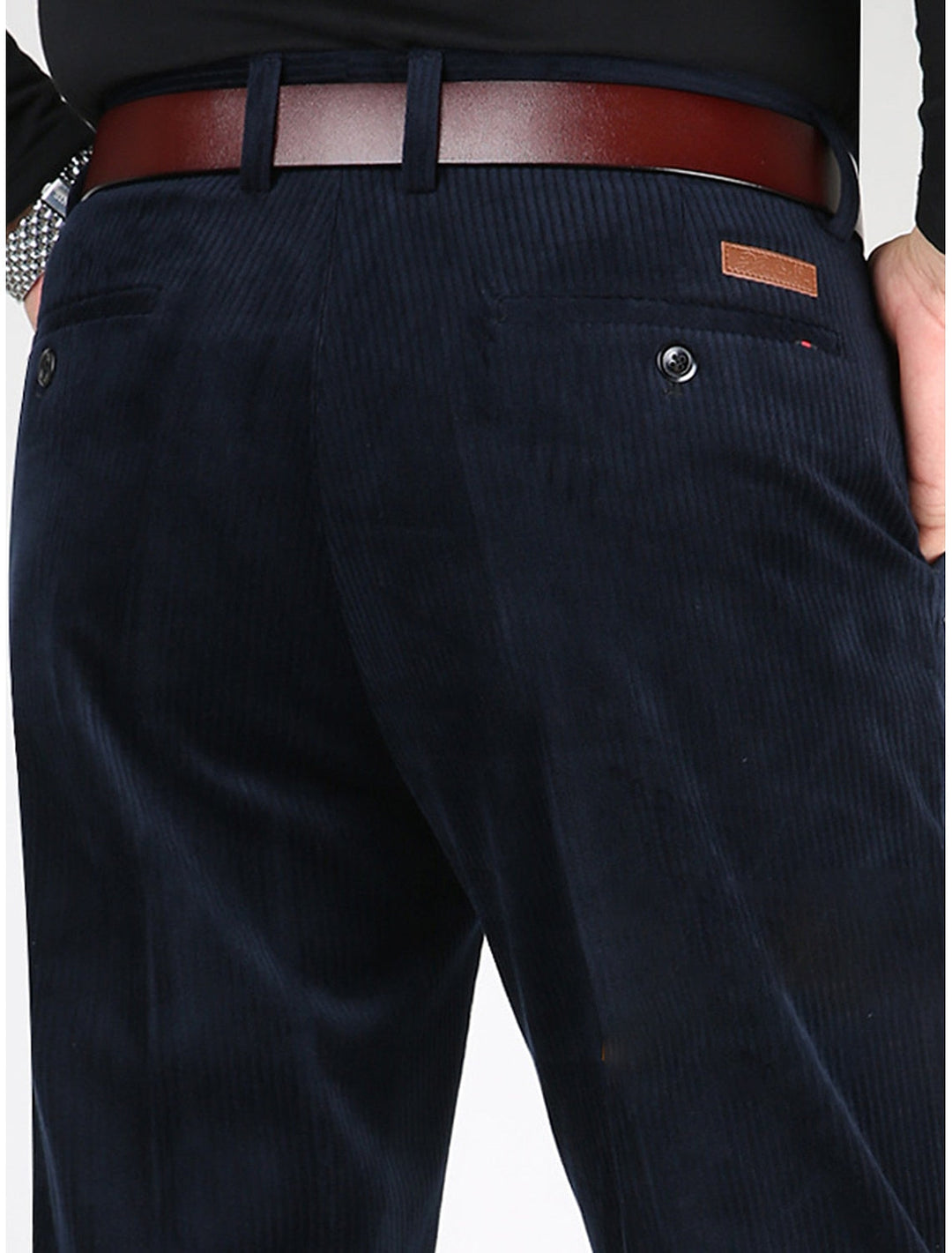 Full-length view of men's comfortable structured ribbed pants. Ideal for casual style with a straight fit.