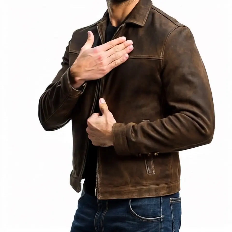 Brown men's biker jacket with a zip-up front, long sleeves. A versatile outerwear piece for men's casual fashion.
